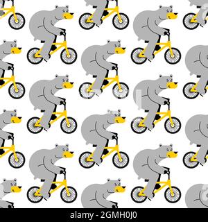 Bear on bicycle pattern seamless. Beast is riding bicycle background. Baby fabric texture. Cartoon childrens ornament Stock Vector