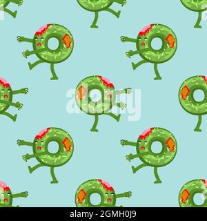 Zombie donut pattern seamless. Sweetness of dead background. Green monster food texture Stock Vector