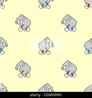 Elephant on bicycle pixel art pattern seamless. pixelated animal is riding bicycle background. 8 bit Cartoon childrens ornament. Baby fabric texture Stock Vector