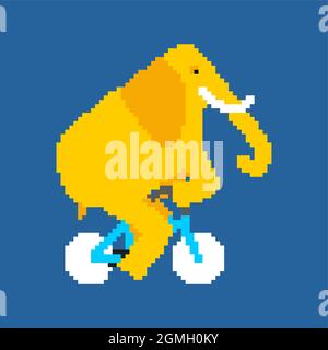 Elephant on bicycle pixel art. pixelated animal is riding bicycle. 8 bit Cartoon childrens illustration Stock Vector