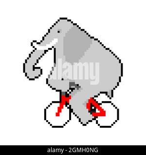 Elephant on bicycle pixel art. pixelated animal is riding bicycle. 8 bit Cartoon childrens illustration Stock Vector