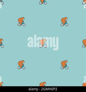 Bear on bicycle pixel art pattern seamless. pixelated Beast is riding bicycle background. 8 bit Cartoon childrens texture. Baby fabric texture Stock Vector