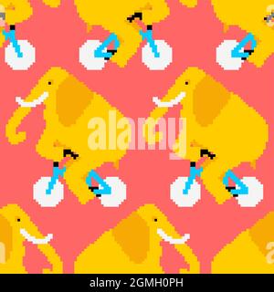 Elephant on bicycle pixel art pattern seamless. pixelated animal is riding bicycle background. 8 bit Cartoon childrens ornament. Baby fabric texture Stock Vector