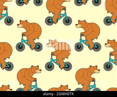 Bear on bicycle pattern seamless. Beast is riding bicycle background. Baby fabric texture. Cartoon childrens ornament Stock Vector