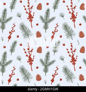 Colorful Christmas and New Year botany seamless pattern. Hand drawn vector illustration Stock Vector