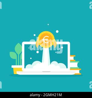 laptop screen with golden euro coin as rocket. Money shuttle on blue background. freelancer, designer, writer job. Income growth. Financial success of Stock Vector