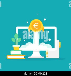laptop screen with golden euro coin as rocket. Money shuttle on blue background. freelancer, designer, writer job. Income growth. Financial success of Stock Vector