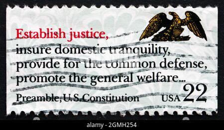 UNITED STATES OF AMERICA - CIRCA 1987: a stamp printed in the USA shows Preamble, US Constitution, Drafting of the Constitution Bicentennial, Establis Stock Photo