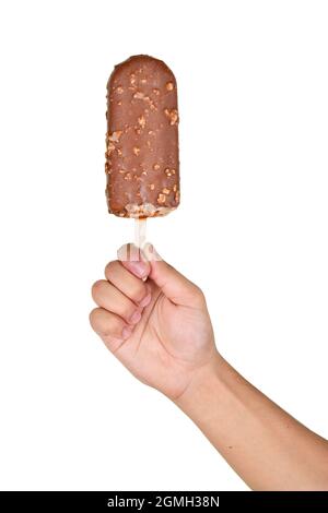 Chocolate Bar Ice Cream in Hand Isolated on White Background with Clipping Path Stock Photo