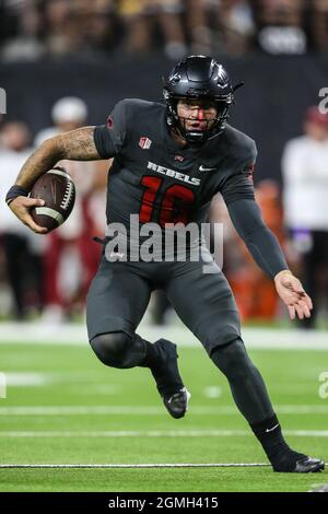 Las Vegas, NV, USA. 18th Sep, 2021. UNLV Rebels quarterback Tate Martell (16) runs with the football during the NCAA football game featuring the Iowa State Cyclones and the UNLV Rebels at Allegiant Stadium in Las Vegas, NV. The Iowa State Cyclones defeated the UNLV Rebels 48 to 3. Christopher Trim/CSM/Alamy Live News