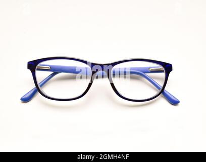 eyewear isolated on white background, black and blue spectacle Stock Photo