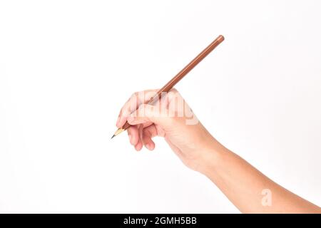 Hand Holding Pencil Isolated on White Background with Clipping Path Stock Photo
