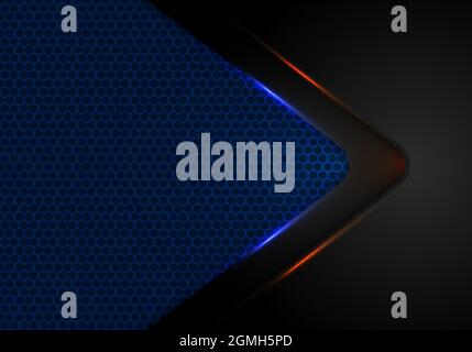 Abstract black arrow layer with blue and red light on blue background with haxagon pattern mesh texture technology concept. Vector illustration Stock Vector