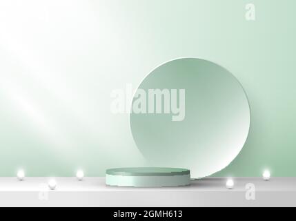 3D stage green podium pedestal and circle backdrop with neon light minimal scene. You can use for product display. Vector illustration Stock Vector