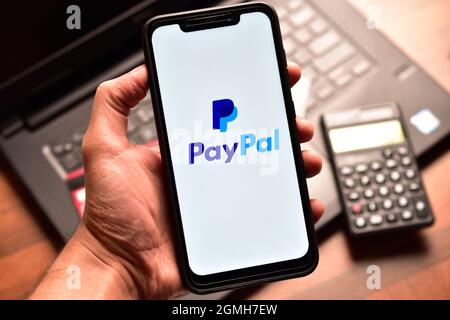 New Delhi, India, 14 December 2019:- PayPal Logo on Smartphone, electronic payment platform Stock Photo
