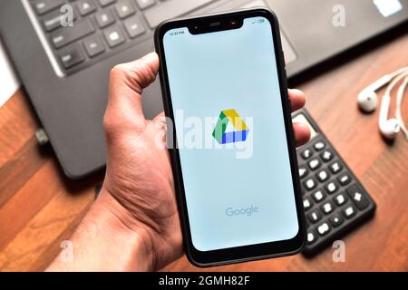 New Delhi, India - December 22, 2019: Using Google Drive on Smartphone Stock Photo