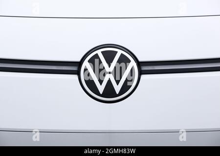 Horsens, Denmark - May 13, 2021: Volkswagen logo on a car. Volkswagen is a German car manufacturer headquartered in Wolfsburg, Germany Stock Photo