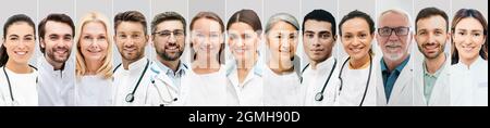 Portraits of doctors of different nationalities wearing white coats, collage. Set of multicultural medical staff with smiles Stock Photo