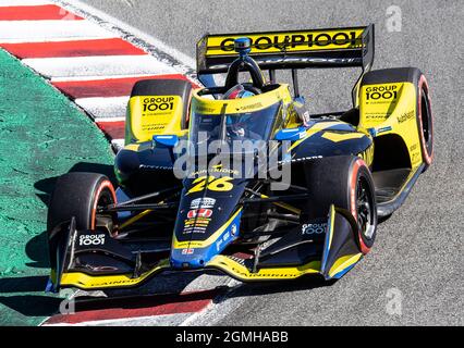 September 18 2021 Monterey, CA, U.S.A. Driver Colton Herta going into the corkscrew during the NTT Firestone Grand Prix of Monterey qualifying at Weathertech Raceway Laguna Seca Monterey, CA Thurman James/CSM Stock Photo