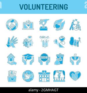 Volunteering color line icons set. Non profit community. Humanitarian aid. Signs for web page, mobile app, banner, social media. Stock Vector