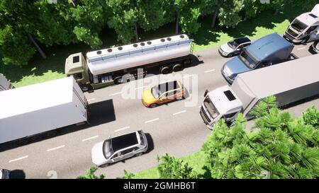 The drone flies in circles over a traffic jam truck 3d render Stock Photo