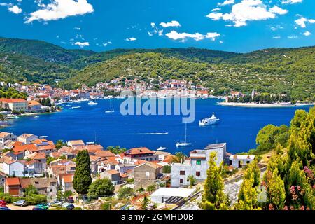 Town of Vis bay and waterfront view, Dalmatia archipelago of Croatia Stock Photo