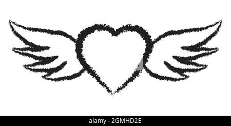 Flying angel heart with wings symbol love hand drawn ink inscriptions Stock Vector