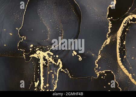 Luxury painting background in alcohol ink style. Black with gold color. Stock Photo
