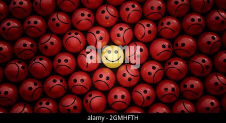 Happy and sad funny face ball character in crowd 3d render 3d illustration Stock Photo