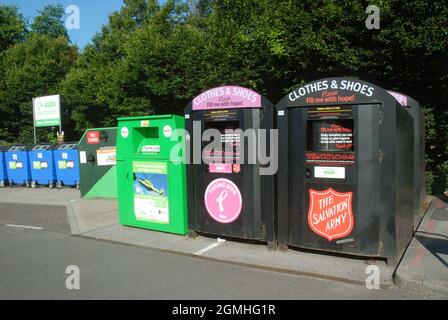 Clothes and Shoes Recycle Bins, Asda Car park, Portsmouth, Hampshire, UK. Stock Photo