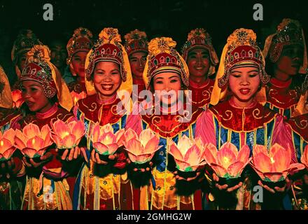 Vietnam. Hue. Thai Hoa Palace. Dancers holding lanterns. Stock Photo