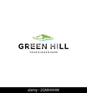 minimalist GREEN HILL mountains lake Logo design Stock Vector