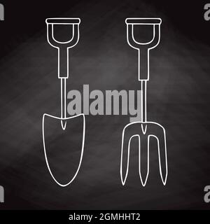 Set of different garden tools. Shovel, rake, pitchfork, spade. Vector illustration in sketch style. Stock Vector