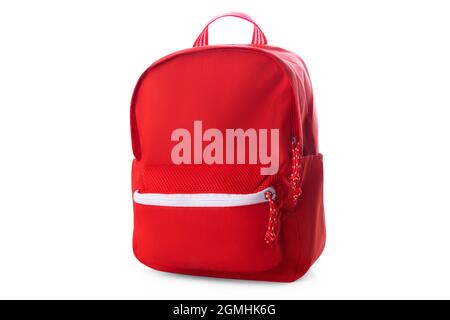 Red school backpack isolated on white Stock Photo