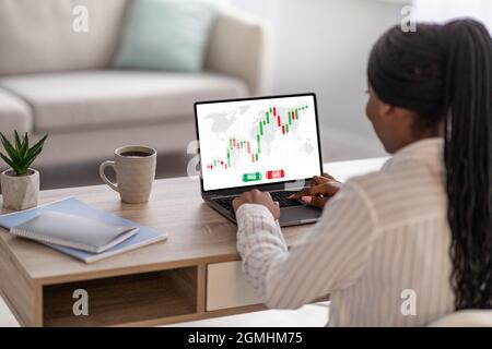 Successful black woman trading online while staying home Stock Photo