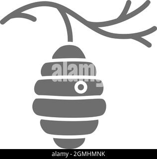 Wild bee hive on tree, beehive grey icon. Stock Vector