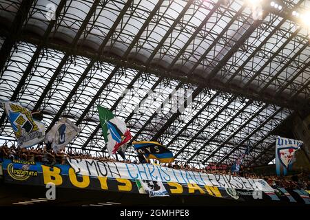 Milan, Italy. 18 September 2021. Fans of FC Internazionale shows a banner reading 'C'mon Christian Eriksen' during the Serie A football match between FC Internazionale and Bologna FC. Credit: Nicolò Campo/Alamy Live News Stock Photo