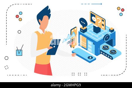 Businessman working with dashboard of finance analysis system isometric vector illustration. Cartoon 3d process database technology isolated on white Stock Vector