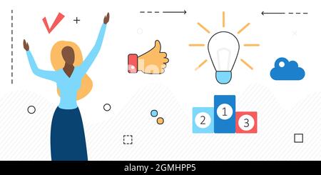 Businesswoman and creative successful business idea vector illustration. Cartoon light bulb concept, success solution isolated on white Stock Vector