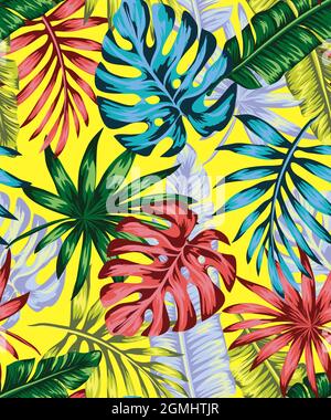 green punk tropics Wallpaper nature tropical punk. Seamless vector pattern, palm leaves Summer floral print with plants. Stock Vector