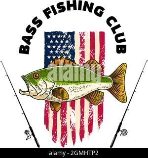 Bass fishing club. Bass fish on american flag background. Design