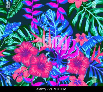 neon tropics Wallpaper nature tropical punk. Seamless vector pattern, palm leaves Summer floral print with plants. Stock Vector