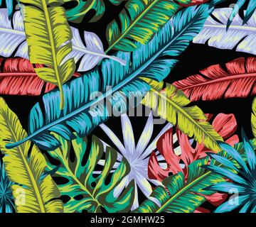 black punk tropics Wallpaper nature tropical punk. Seamless vector pattern, palm leaves Summer floral print with plants. Stock Vector
