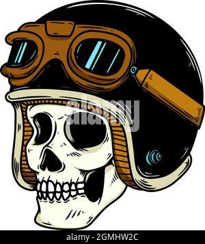 Illustration of skull in racer helmet. Design element for logo, label, sign, poster. Vector illustration Stock Vector