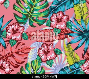 Seamless vector pattern, palm leaves Summer floral print with plants. Wallpaper nature tropical punk Stock Vector