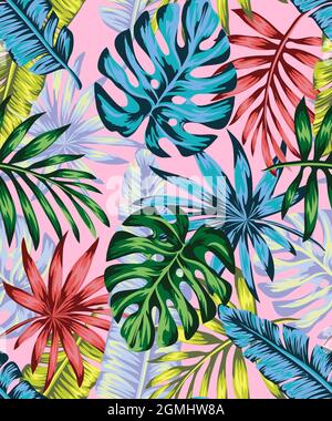pink punk tropics Wallpaper nature tropical punk. Seamless vector pattern, palm leaves Summer floral print with plants. Stock Vector