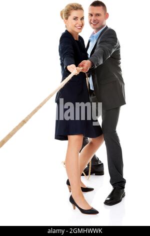 A business couple discussing a case on a white backgrpund Stock Photo