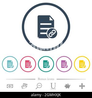 Attach document solid flat color icons in round outlines. 6 bonus icons included. Stock Vector