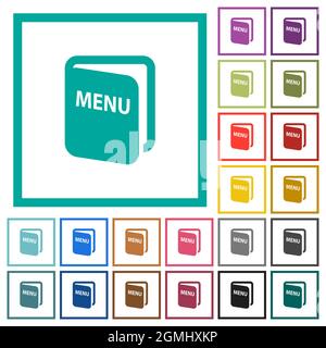 Menu flat color icons with quadrant frames on white background Stock Vector