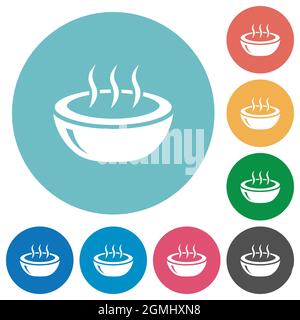 Glossy steaming bowl flat white icons on round color backgrounds Stock Vector